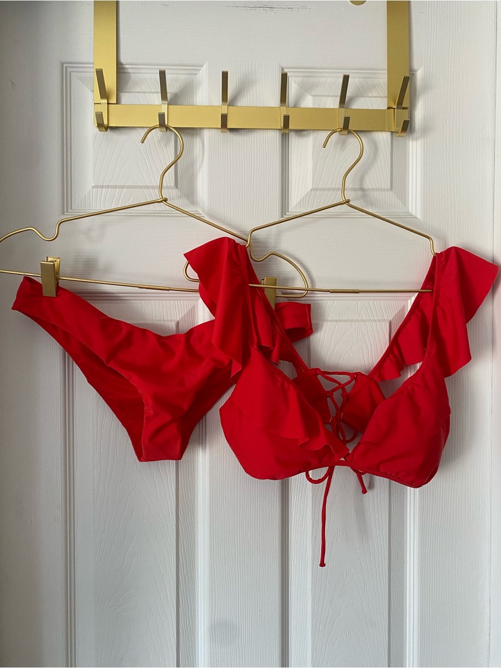 Salt & Sunshine Red Ruffled Lace-Up Back Bikini Set - Sz L
